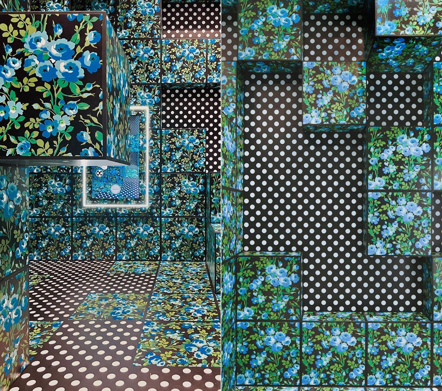 Immersive room with teal floral and polka-dot patterned panels covering the walls and floor.