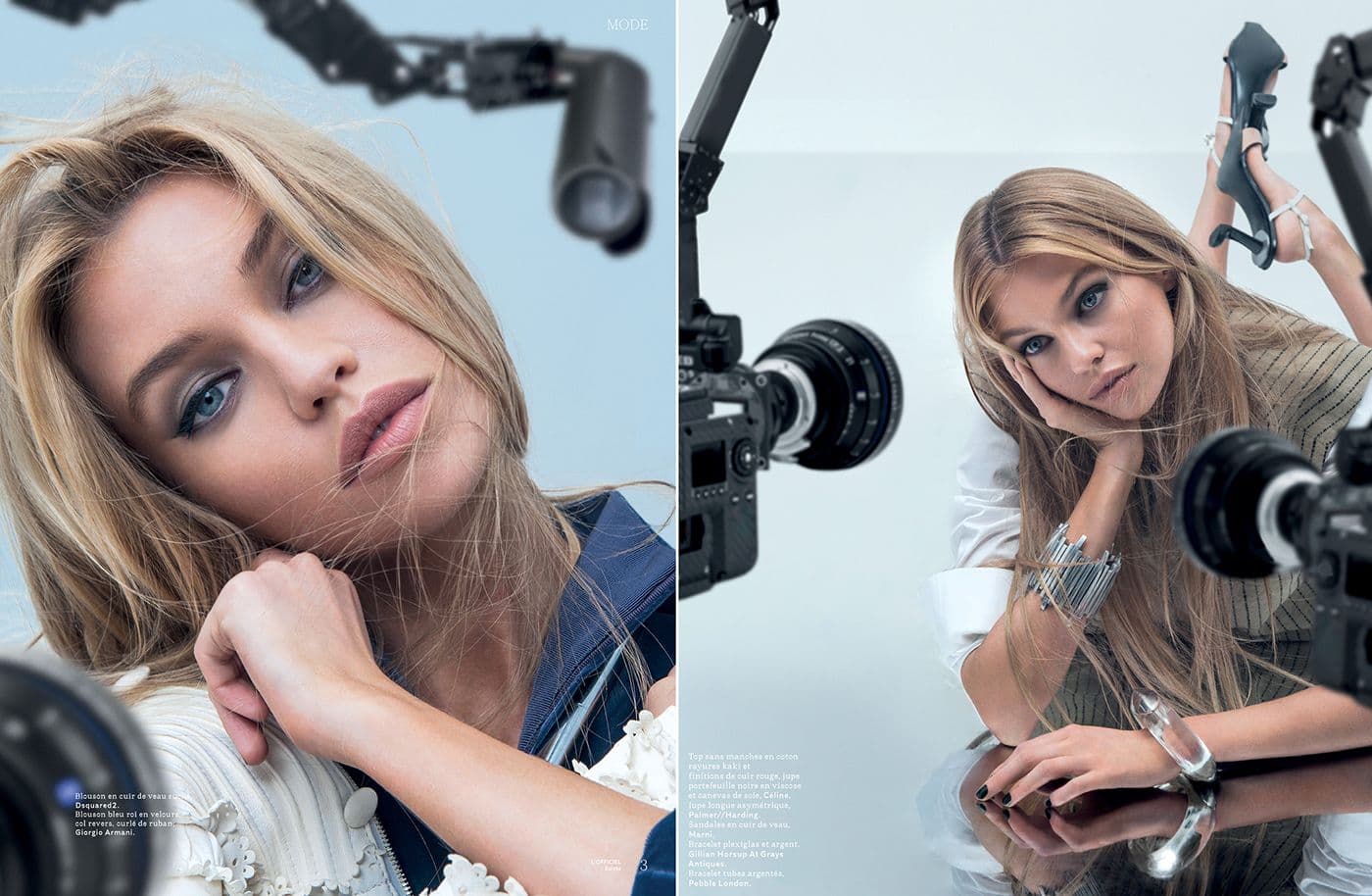 Blonde model in denim seated among robotic camera arms, with reflections doubling the scene below