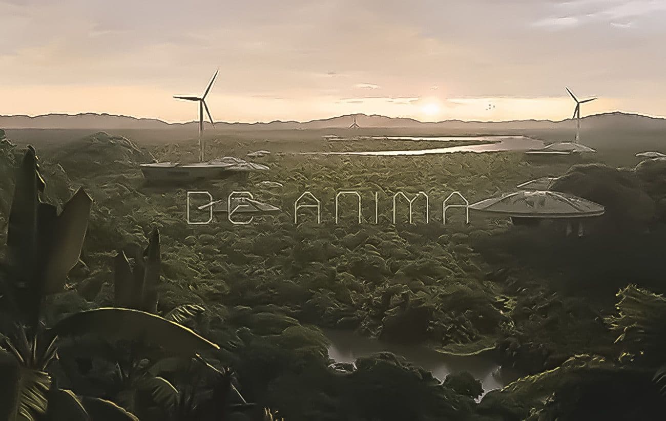 Aerial digital rendering of a village powered by wind turbines in a lush green landscape at sunset, with the words De Anima overlaid.