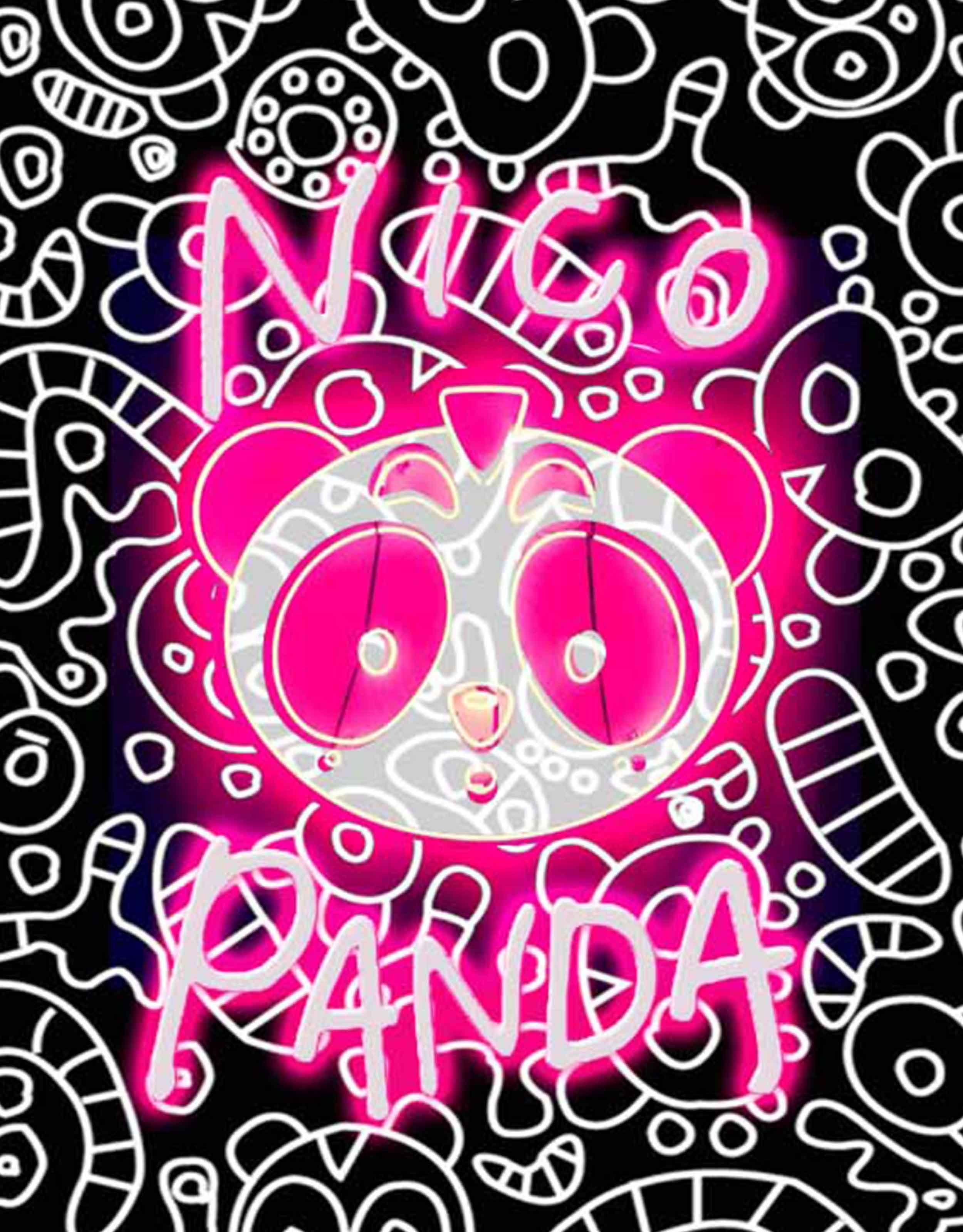 Pink neon-style graffiti graphic reading "Nico Panda" with a pink panda face illustration on a black background.