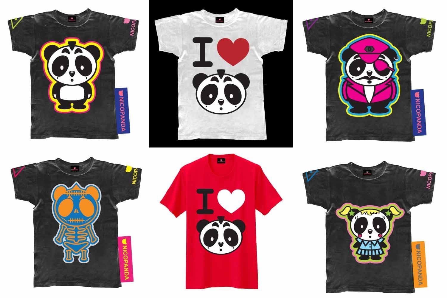 Grid of six t-shirts featuring different panda graphic prints, including skull pandas and an "I heart panda" design.