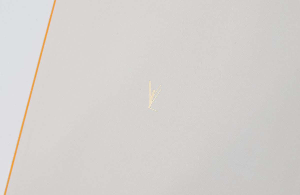 Extreme close-up of a small gold logo mark on a light gray box surface, with an orange edge stripe in the corner.