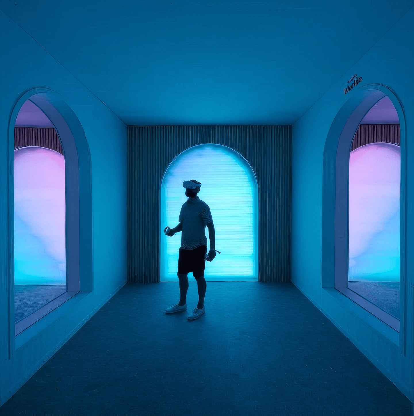 A person stands in a blue-lit corridor between arched doorways glowing with pink and purple light on either side.
