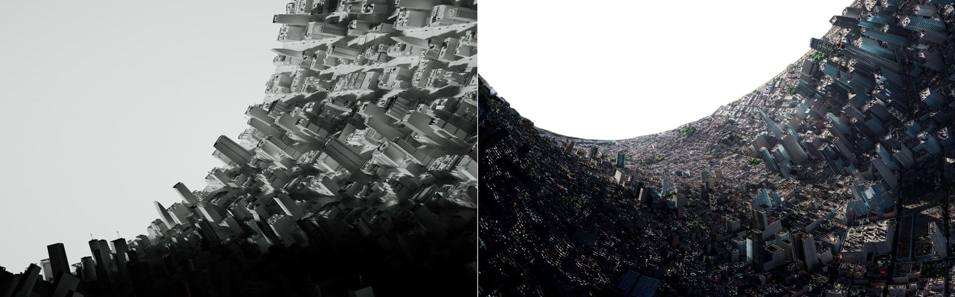 Split screen comparing a monochrome city skyline fold render against a color version of the same shot.