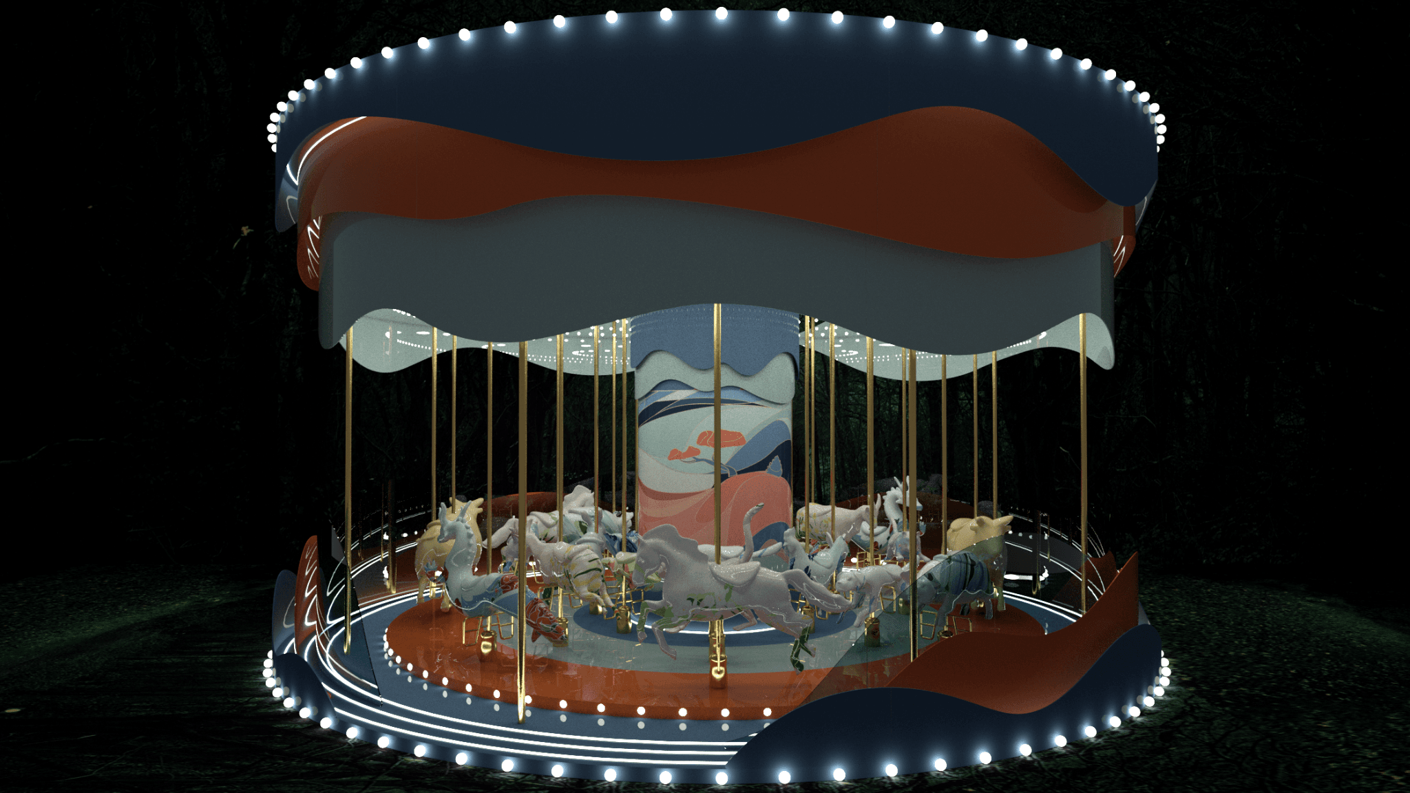 3D render of a merry-go-round with a dark blue canopy, string lights, and carved carousel horses at night.