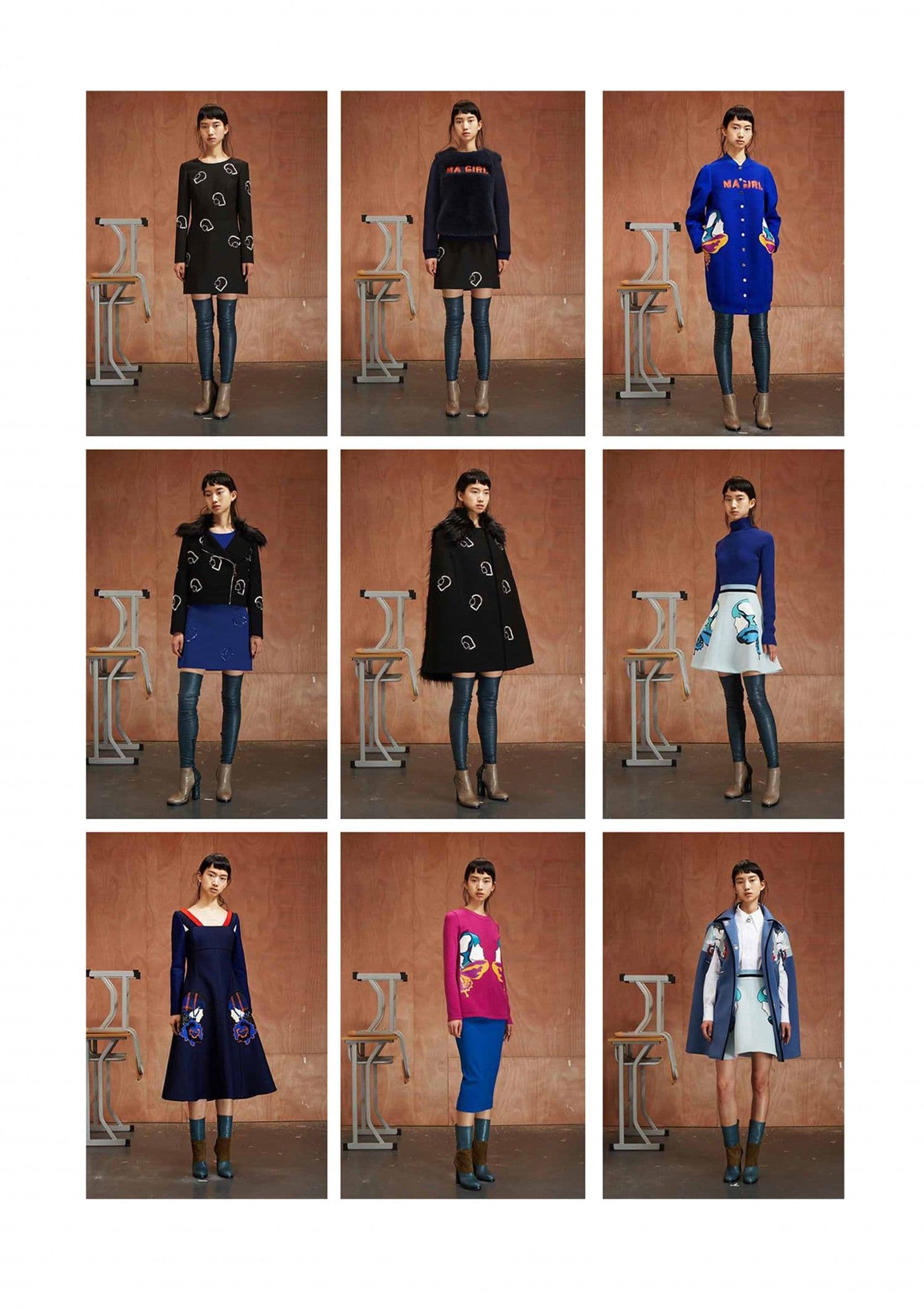 Contact sheet of nine studio photos of a model wearing dark blue and black seasonal outfits with graphic patch appliques.
