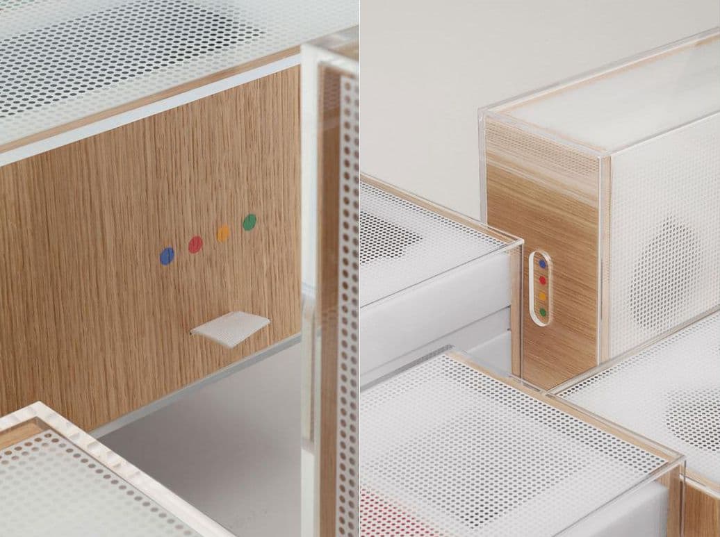 Close-up diptych of the wood box side panel showing four colored dots and a perforated acrylic lid seam.