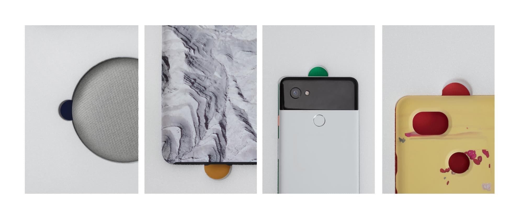 Four-panel grid of packaging inserts and molded trays in gray, marbled white, and yellow, each holding a colored accessory dot or a phone.