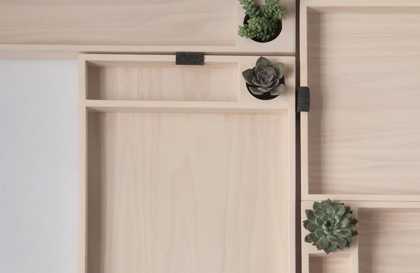 Overhead view of pale wood shelving with small potted succulents tucked into the corners.