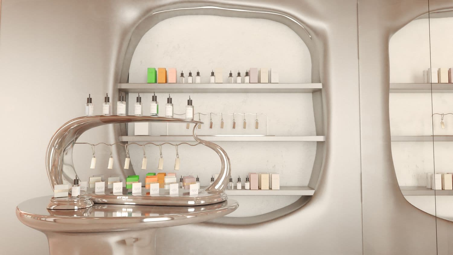 Metallic curved retail counter displaying rows of skincare and cosmetics products in front of an oval mirror