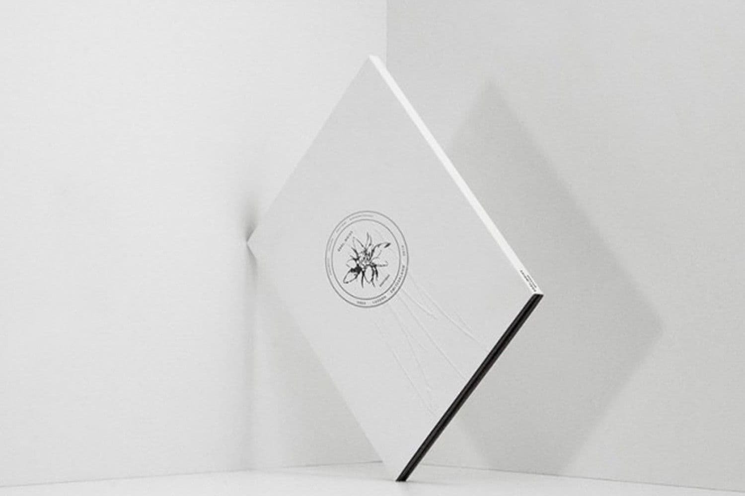 White square box tilted on its corner, showing an embossed circular emblem centered on its face.