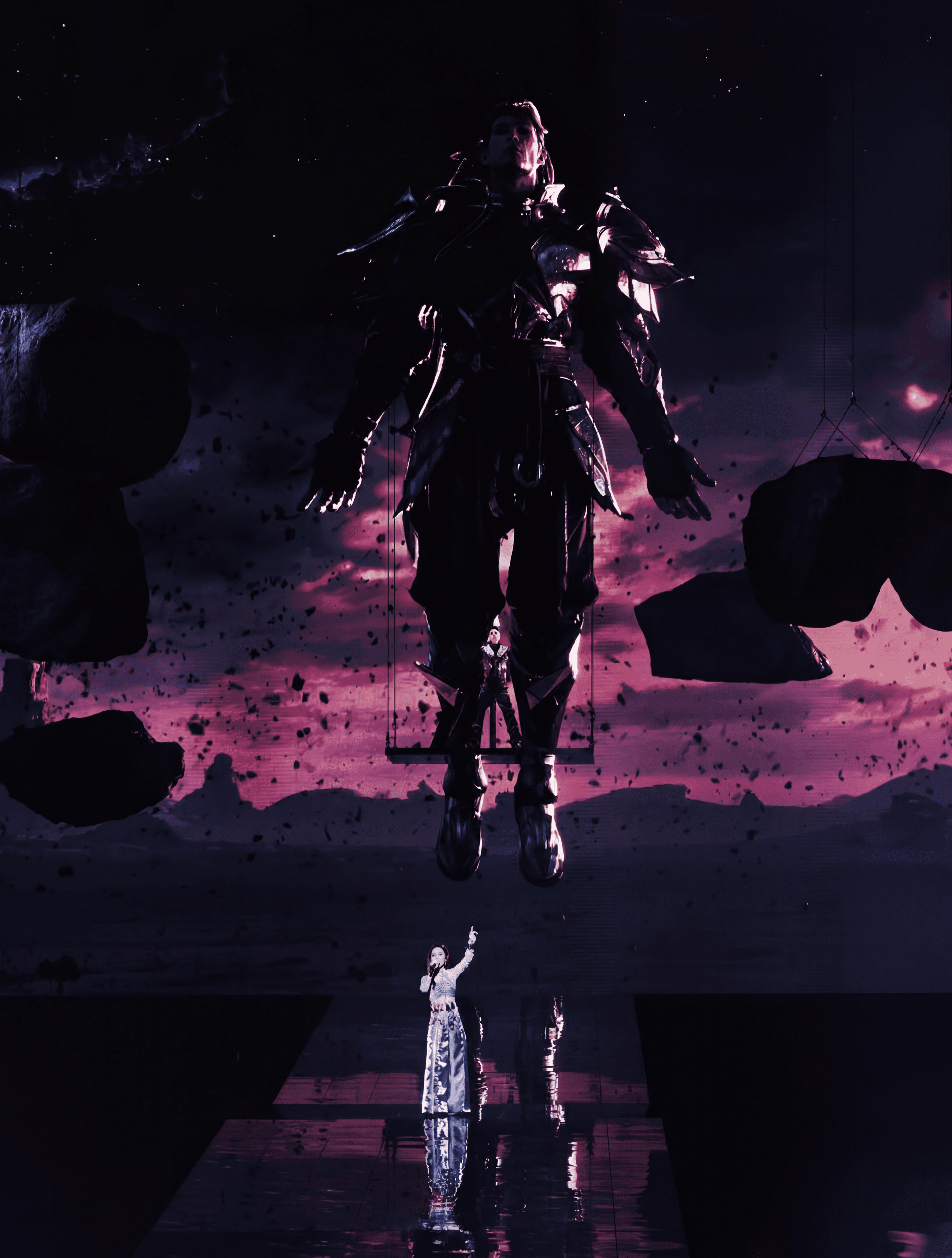 Silhouette of a figure in ornate armor surrounded by glowing pink and purple particles.