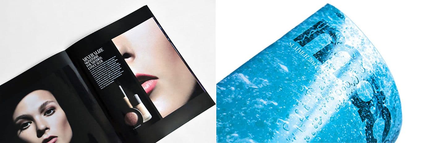 Open catalog spread titled Mineralize Skinfinish Compact with a model portrait and a close-up lip and cheek shot beside a compact and lip gloss, next to a curled blue page with wet-look summer branding.