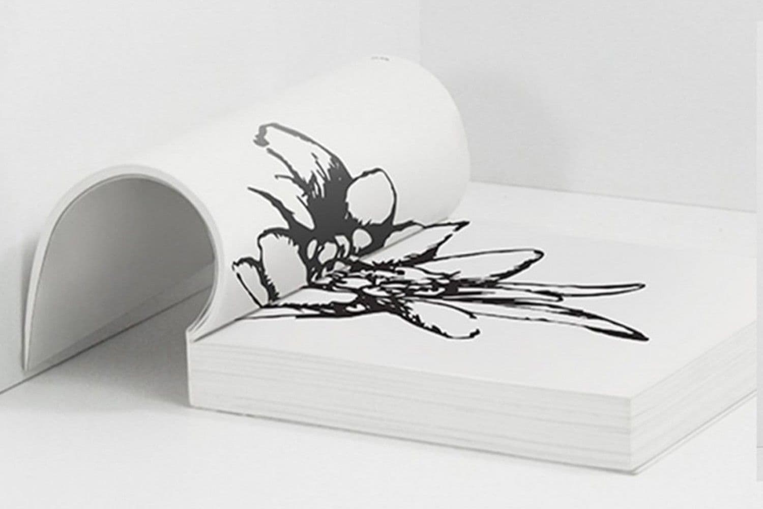 Curved white paper form beside a flat sheet printed with a black ink botanical flower illustration, resting on a stack of paper.