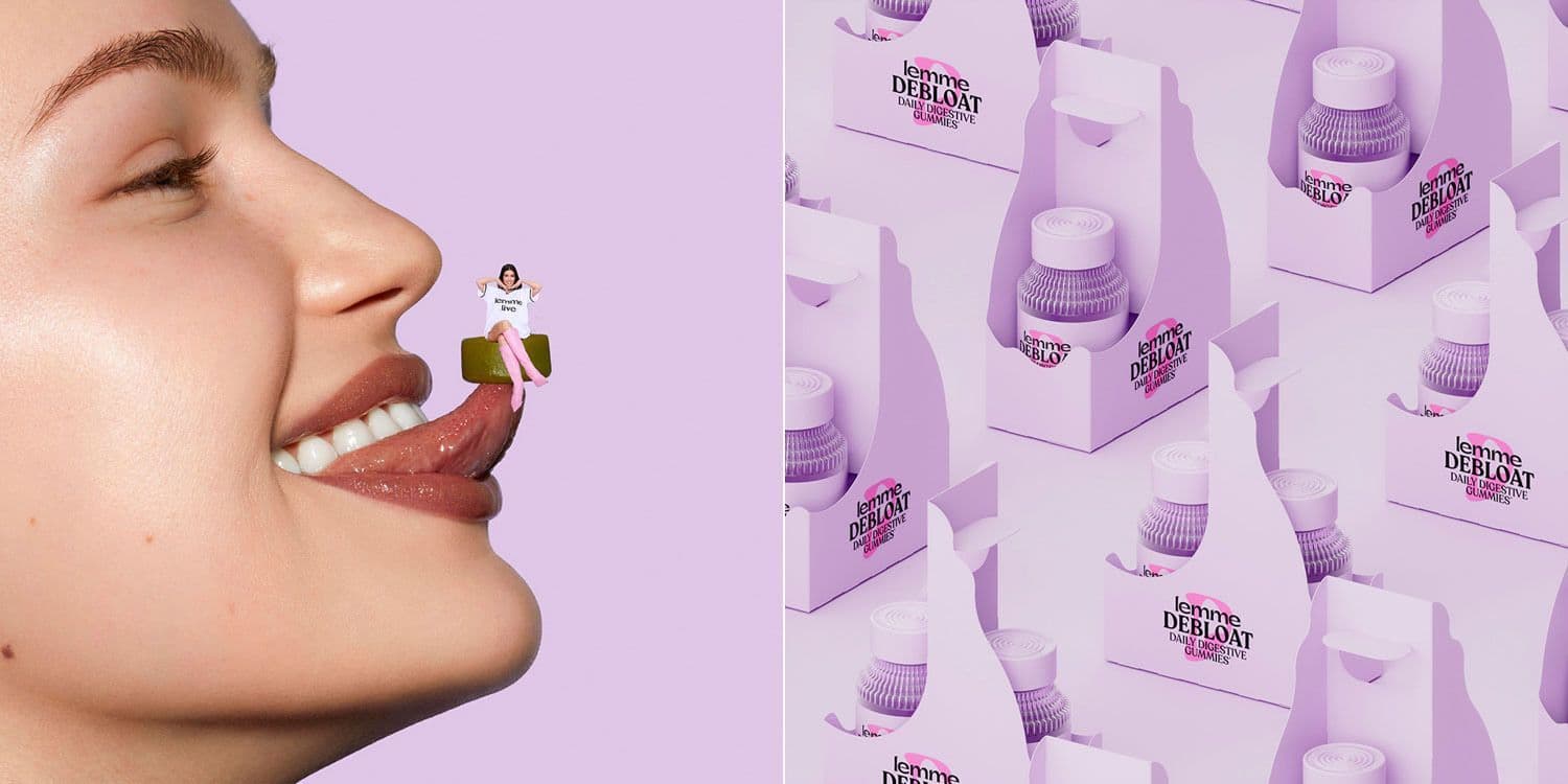 Close-up of a woman's smiling mouth beside a Lemme gift bag and bottle.