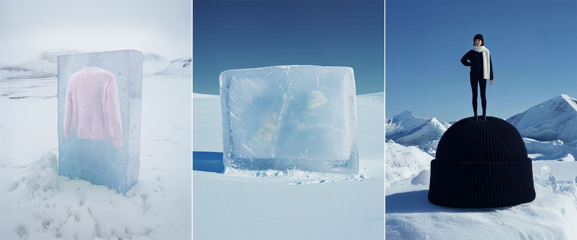 Three-panel image of a pink sweater and a blue block frozen in ice beside a model standing on an oversized black knit beanie in the snow.