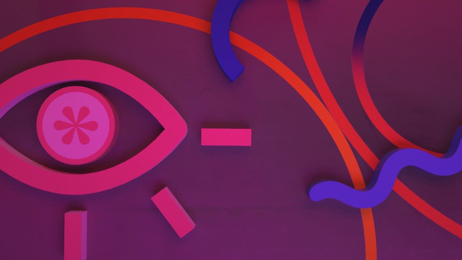 Pink and red room featuring a large illustrated eye graphic and squiggly line decorations on the wall.