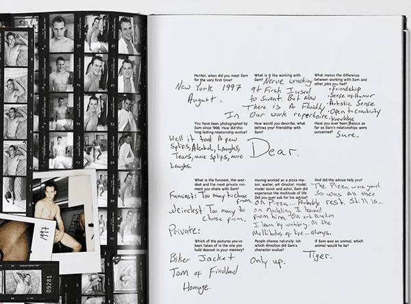 Book spread with a contact sheet of black-and-white photos on the left page and a handwritten letter-style diary entry on the right page.