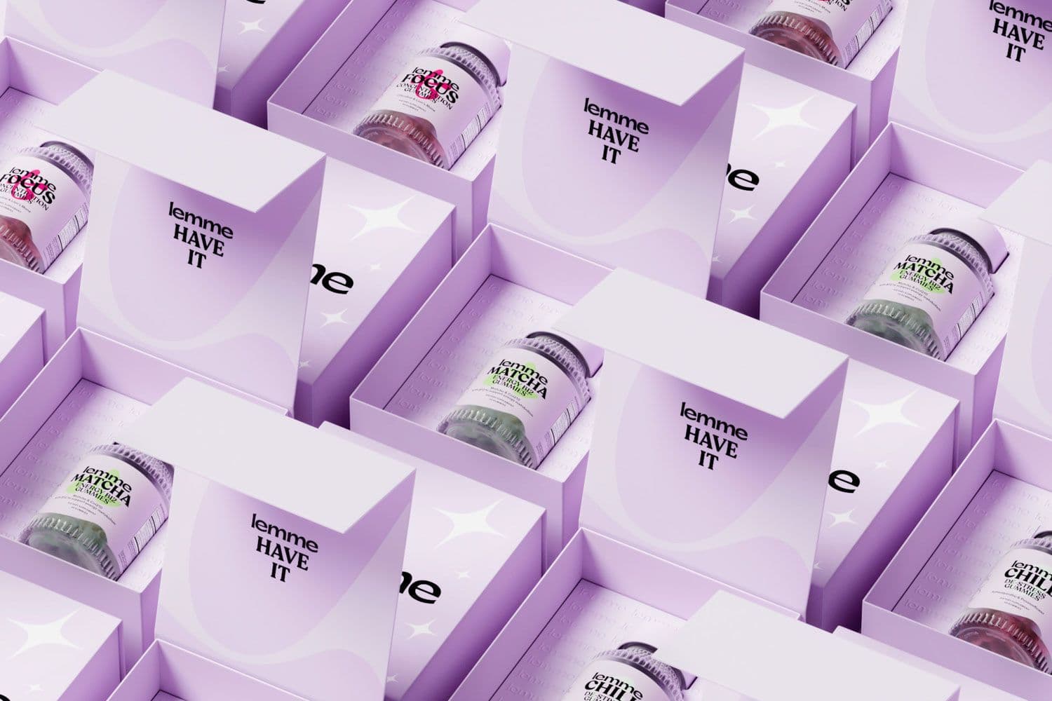 Grid of small triangular Lemme gummy boxes arranged in rows on a lavender background.