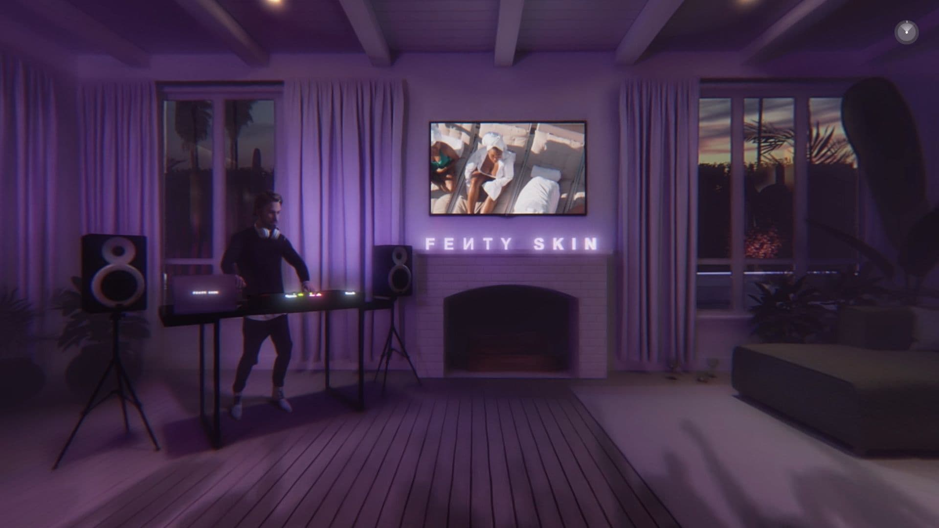 Purple-lit lounge with a silhouetted figure at a DJ mixing console, flanked by studio speakers, a wall-mounted screen, and a glowing FENTY SKIN sign beneath it.