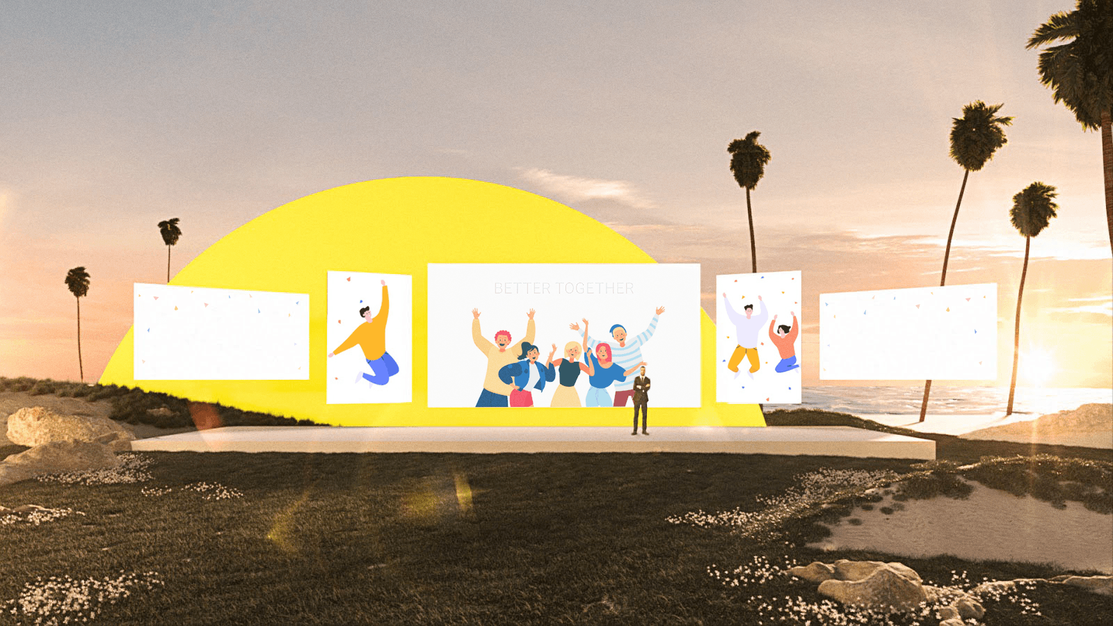 Sunset over a desert stage set with yellow panels and photo cutouts of people.
