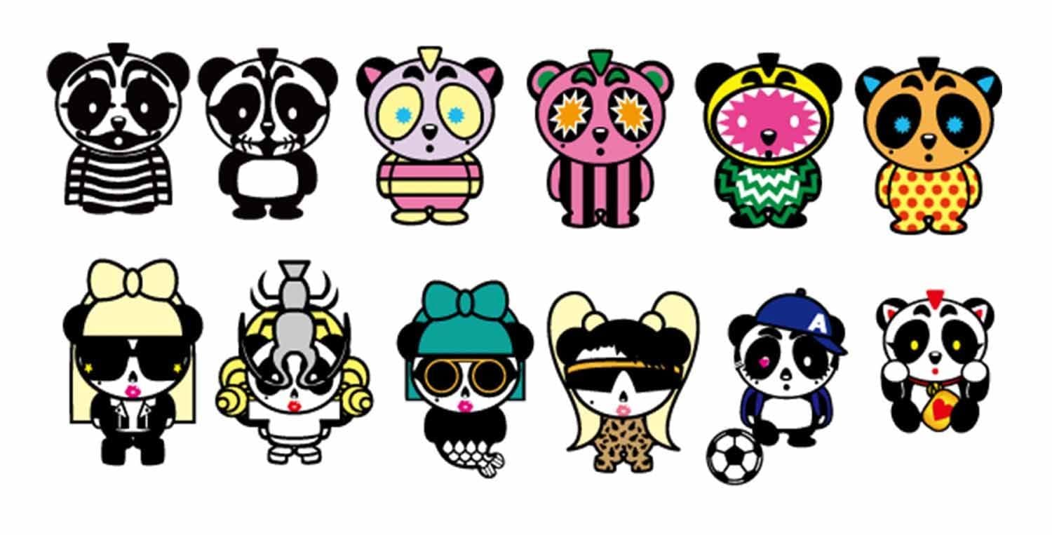 Grid of Nicopanda cartoon panda characters wearing different costumes, hats, and sunglasses.