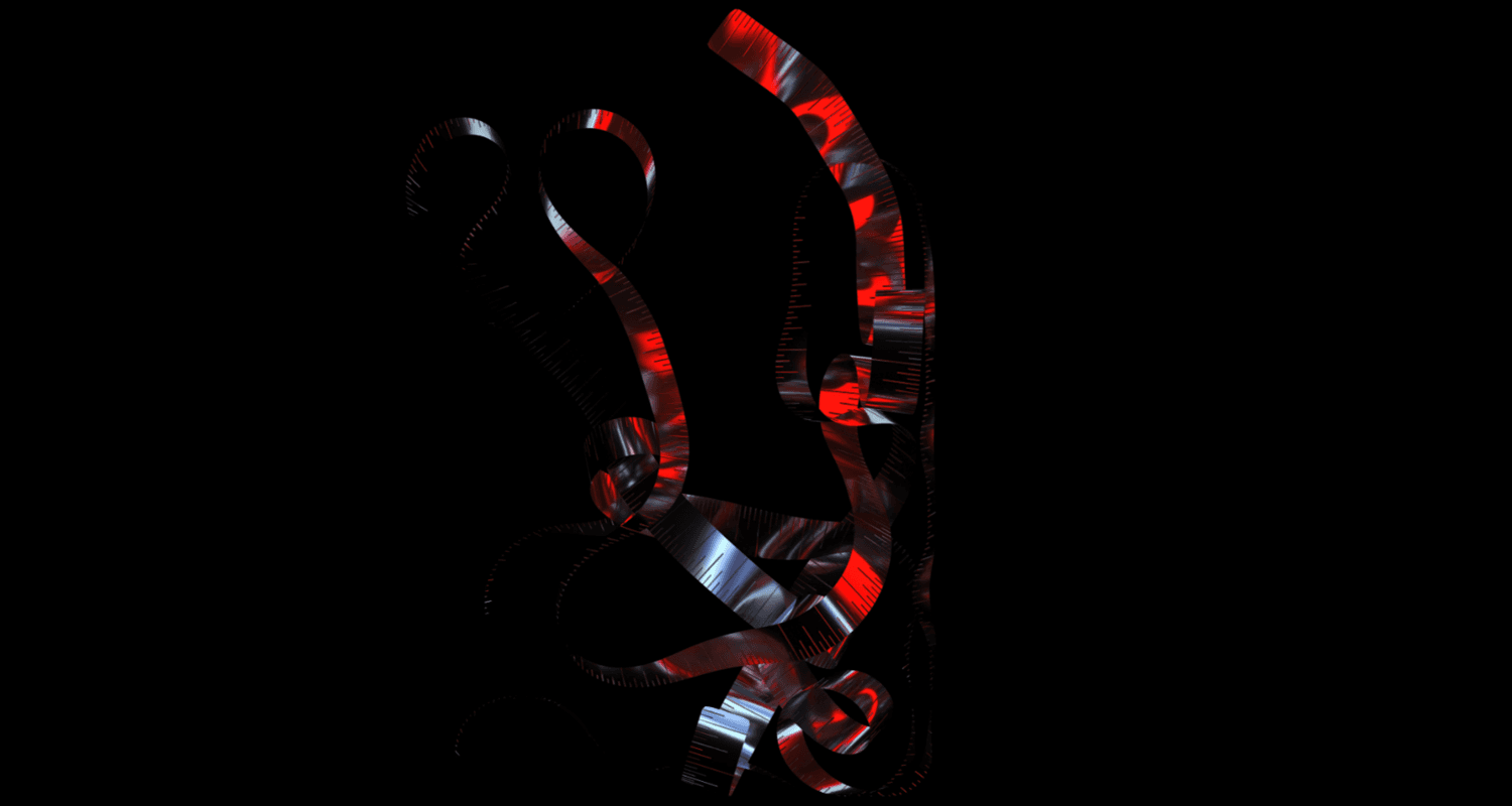 Abstract ribbon-like sculptural form in red and white light against a black background