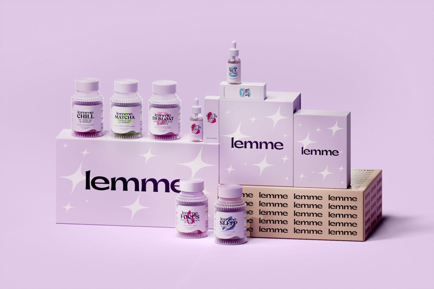 Three Lemme supplement bottles and a boxed set arranged on a lavender background.