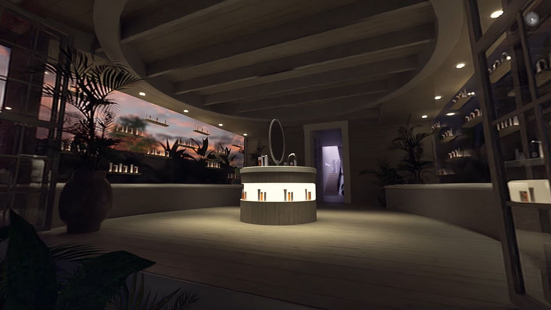 Round, vault-ceilinged lounge with a sunset mural, bottle shelving, and a circular illuminated bar console in the center.