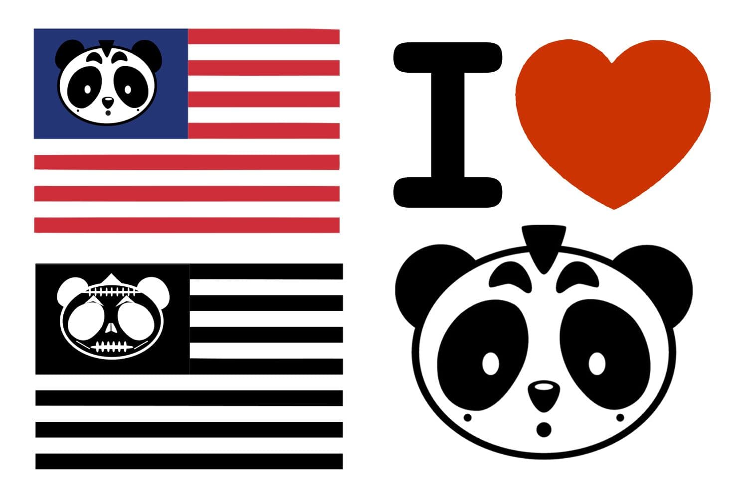 Split graphic of a panda face on an American-flag-style stripe pattern next to a red heart above a panda face, forming an "I heart panda" logo.