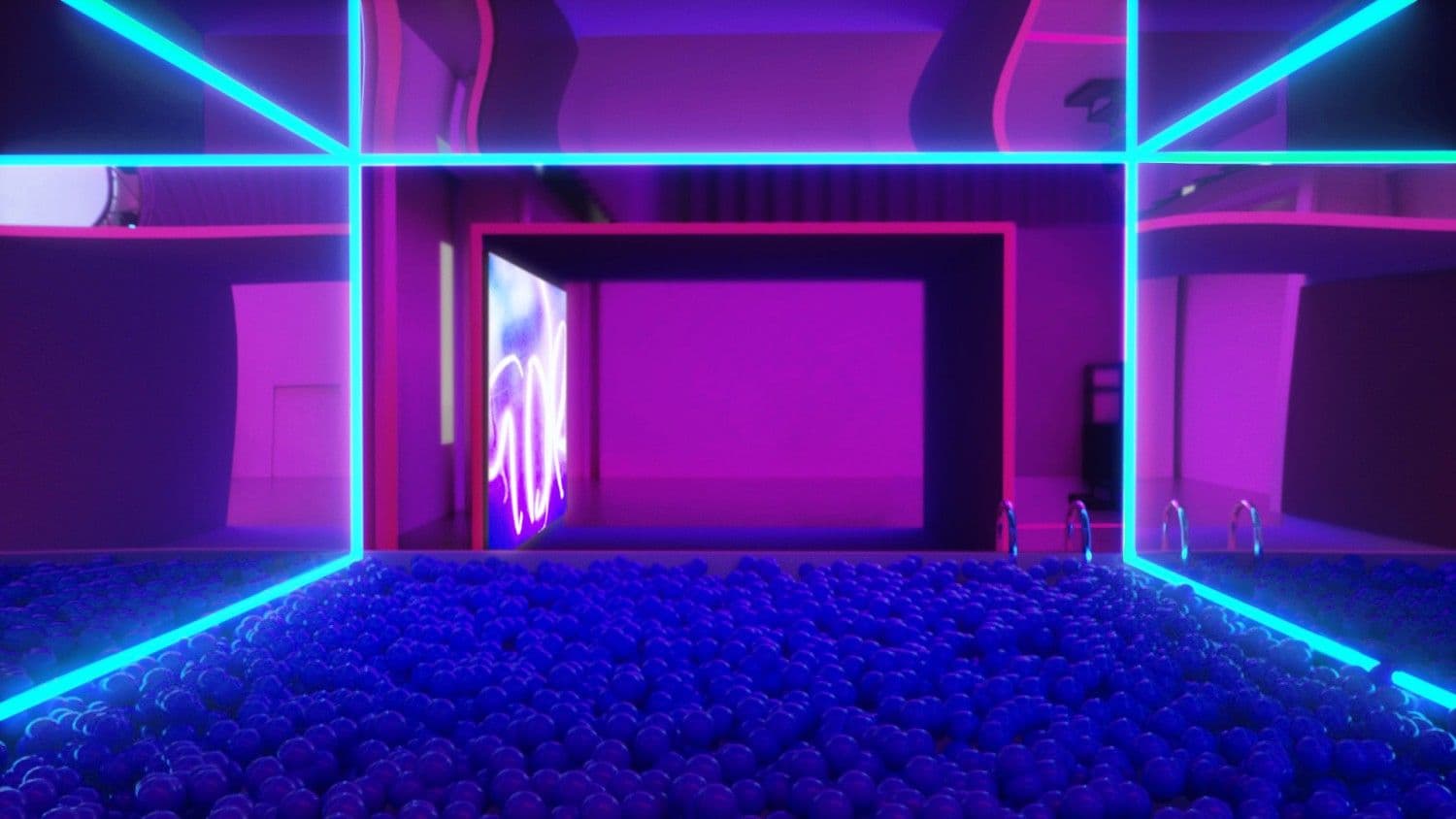 Blue-lit corridor with a glowing frame and pink light at the far end, over a pebbled floor.