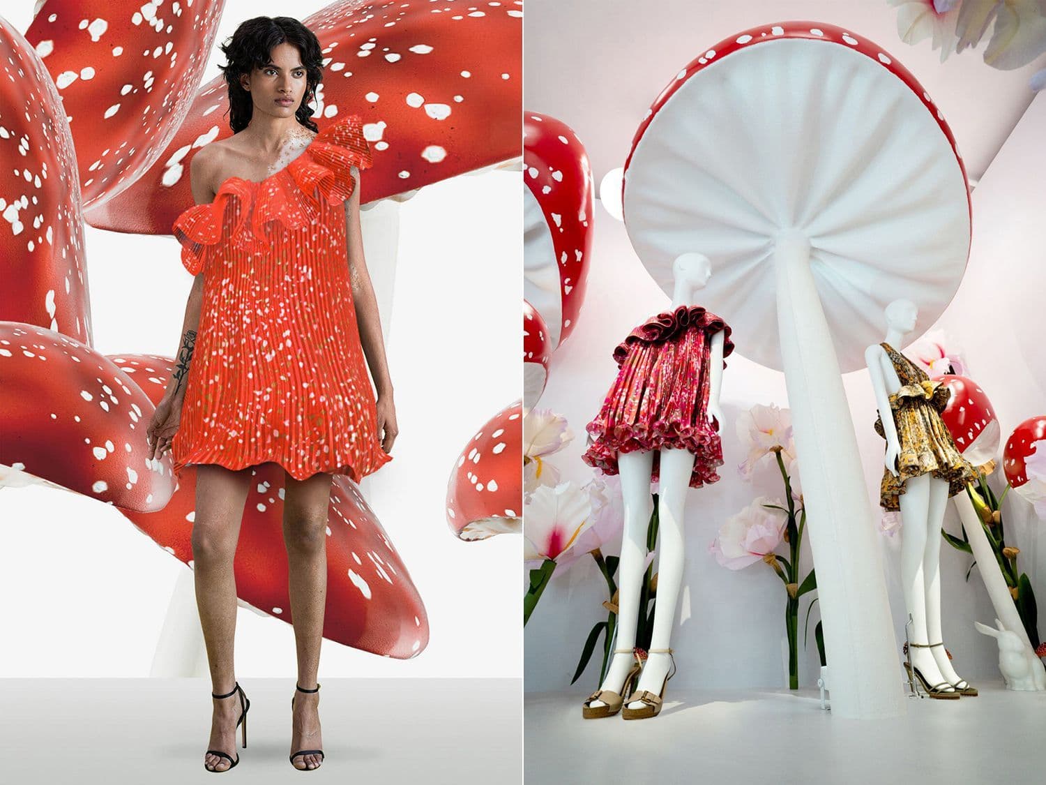 Split image of a model in a red polka-dot dress beside a red-and-white mushroom-shaped sculptural display.