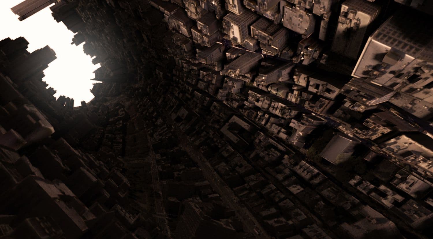 Interior view looking up through a folded city tunnel toward a bright opening.