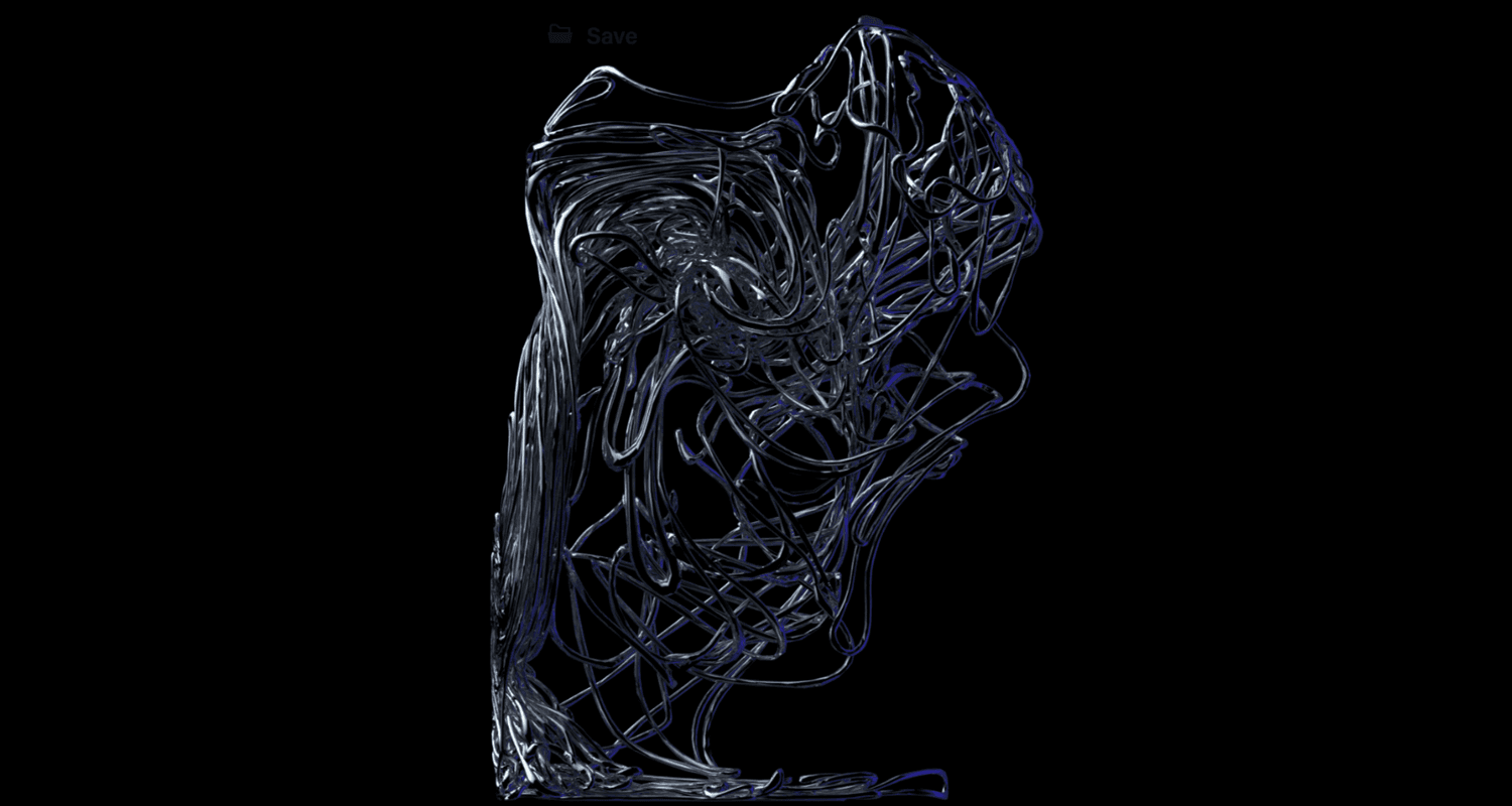 Abstract dark, thread-like sculptural form rendered in white lines against a black background
