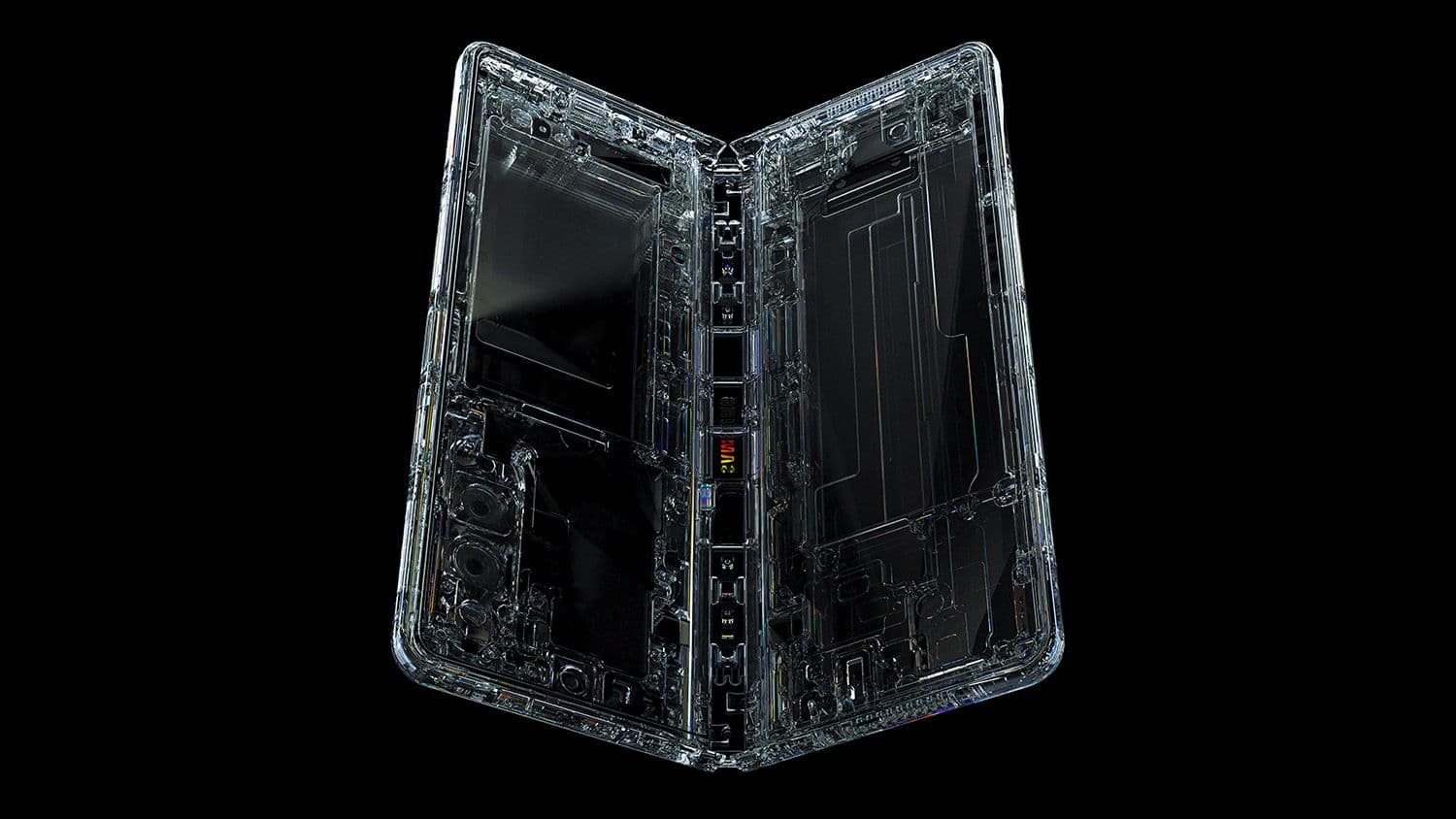 Transparent foldable phone render showing internal hinge mechanism and dual screens against black.