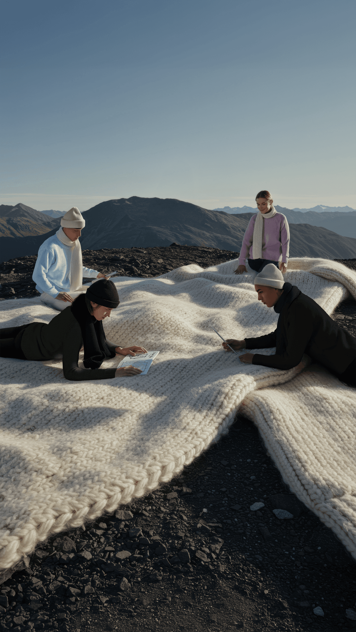 Four people in knitwear lounge and write on an oversized cream knit blanket spread across a rocky mountaintop.