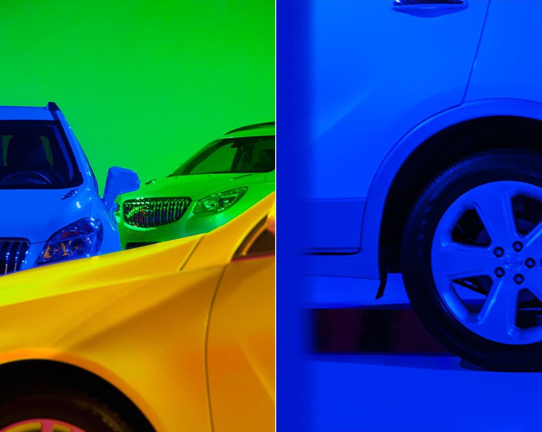 Split image of cars lit in green on the left and a car's wheel and fender lit in blue on the right.
